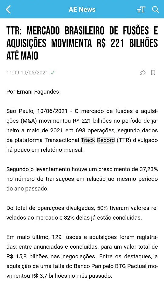 TTR: Mercado brasileiro de fuses e aquisies movimenta R$ 221 bilhes at maio